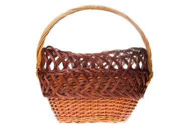 Boş Hasır Sepet, Beyaz Arkaplanda tecrit edildi. Geleneksel zanaatkar yuvarlak kahverengi hasır sepet yaptı. Stüdyo çekimi.