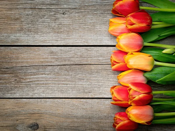 Rekreační Jarní Pozadí Barevné Tulipánové Květy Dřevěném Pozadí Pozdrav Kopírovacím — Stock fotografie