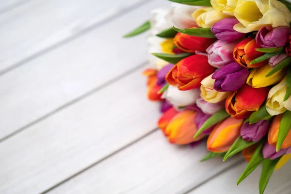 Barevná Kytice Tulipánů Bílém Dřevěném Pozadí Jarní Květiny Pozdrav Kopírovacím — Stock fotografie