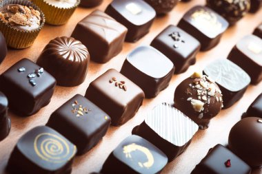 Lüks siyah ve sütlü çikolatalı trüf. Üst üste çeşitli lezzetli el yapımı çikolatalı pralinler. Tam kare arkaplan. Stüdyo çekimi. Yakın plan..