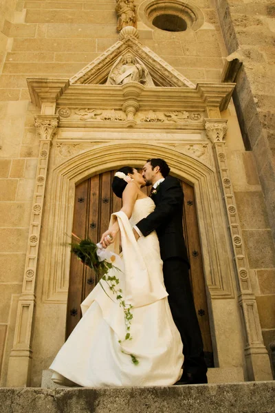 Gorgeous Wedding Couple Bride Groom Standing Staircase Front Historical Church — Stock Photo, Image