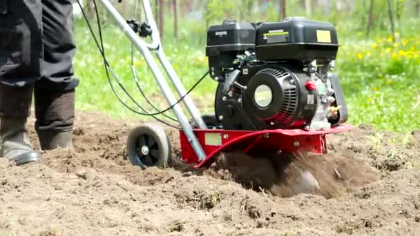 4Kビデオでガーデンティラーエンジンで働く男 春にフィールド上のブレードを持つ耕作機の耕作や破砕土壌 — ストック動画