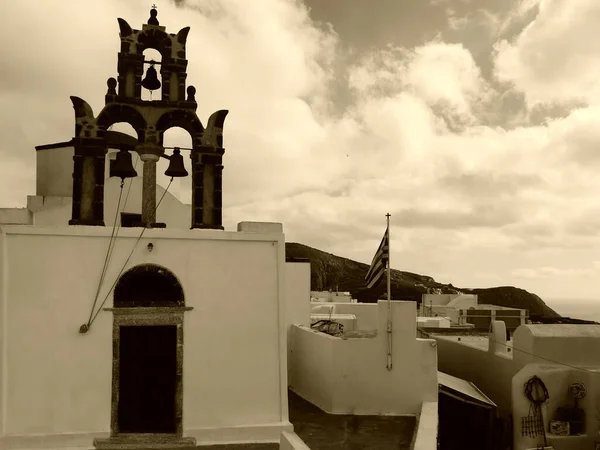 Iglesia Ortodoxa Pyrgos Isla Santorini Grecia Vista Parte Histórica Ciudad — Foto de Stock