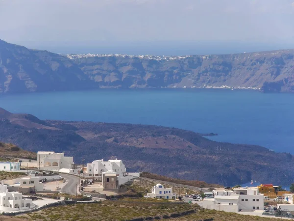 View Santorini Island Sea Mountains Cities Top Pyrgos Town — Stock Photo, Image