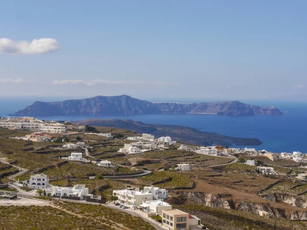 Vista Ilha Santorini Mar Montanhas Cidades Topo Cidade Pyrgos — Fotografia de Stock