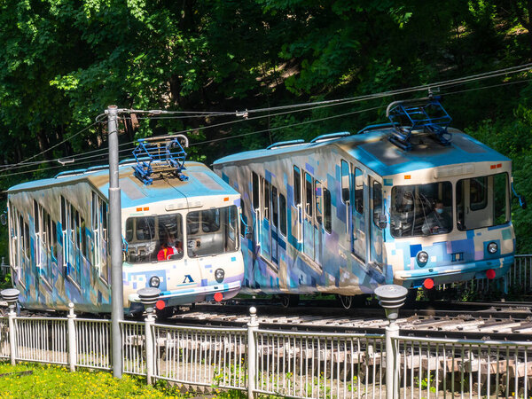 Kiev city funicular on a sunny spring day.