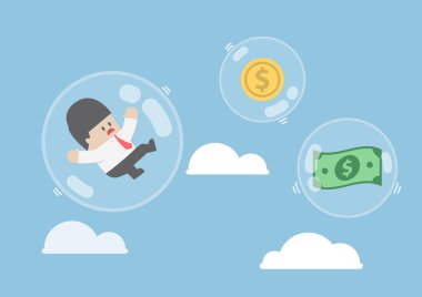 Baloncuklar içinde yüzen işadamı ve Doları para