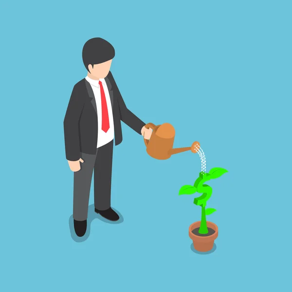 Isometric homme d'affaires arrosage dollar plante de fleur — Image vectorielle