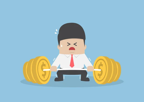 Businessman trying hard to lifting up barbell with coin weight — Stock Vector