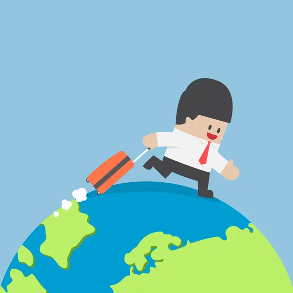 Homme d'affaires avec valise marchant autour du monde — Image vectorielle