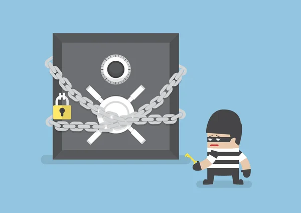 Thief standing in front of safe box with chain and lock — Stock Vector