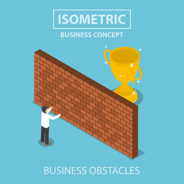İzometrik işadamı troph ile tuğla duvar önünde duran