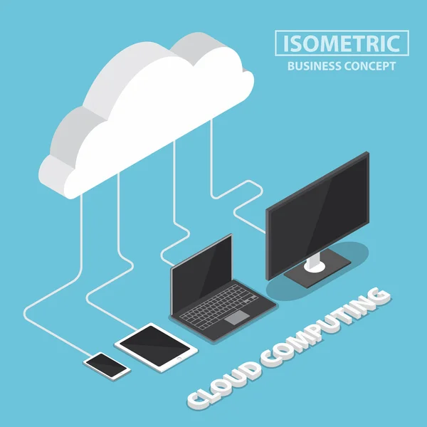 Isometric electronic devices connecting with cloud — Stock Vector