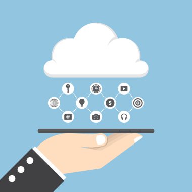 Tablet ve paylaşım veri bulut üzerinde tutan işadamı el