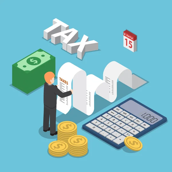 Empresário isométrico calcula documento para impostos com cálculo — Vetor de Stock