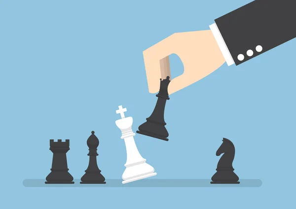 Üzletember kéz használata fekete queen sakk-matt a fehér király — Stock Vector