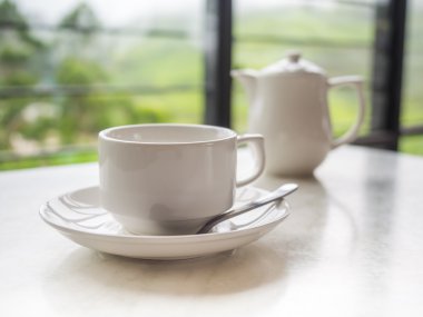 Boh çay plantasyon masada beyaz demlik ve çay Kupası