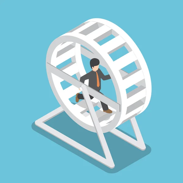 Isometric businessman in a suit running in a hamster wheel — Stock Vector