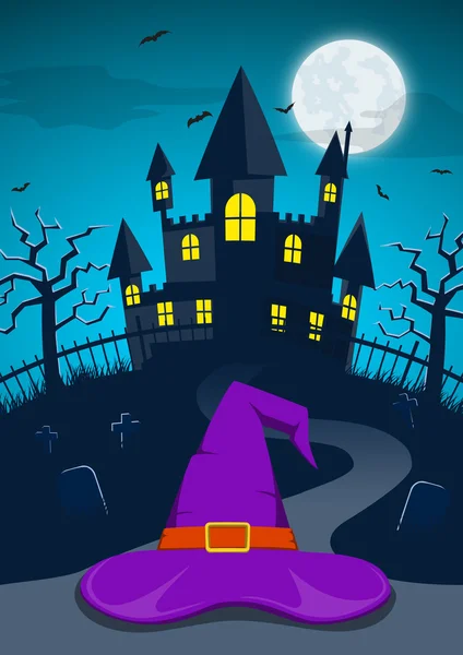 Halloween éjszaka háttérrel, boszorkány kalap és a kísértet-vár — Stock Vector