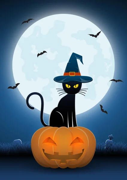 Gato negro con sombrero de brujas sentado en cabeza de calabaza — Vector de stock