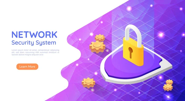 Isometric Web Banner Padlock Klíčovou Dírkou Ikona Abstraktním Síťovém Pozadí — Stockový vektor