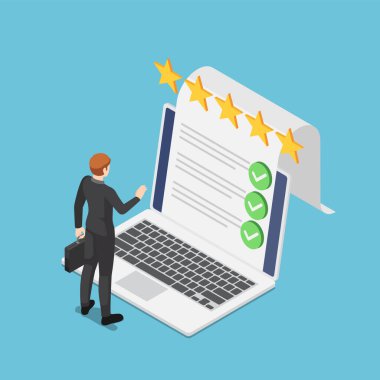 Düz 3d Isometric İşadamı Laptop Screen 'den Çevrimiçi Araştırma Belgesi Kontrol Listesi ile Duruyor. Çevrimiçi Araştırma ve İş Denetim Listesi Kavramı.