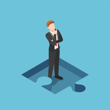 Flat 3d Isometric İşadamı Yapboz 'un Kayıp Bölümü' nde Durup Düşünüyor. İş Çözümü Konsepti.