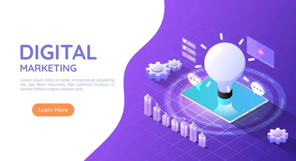 3D具有思想灯泡和紫色背景的社交媒体营销图标的等距Web Banner平板电脑 数码营销概念 — 图库矢量图片