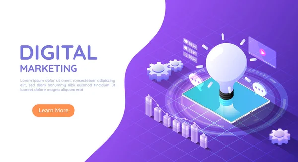 Isometric Web Banner Tablet Bilgisayar Fikir Ampulü Sosyal Medya Pazarlama — Stok Vektör