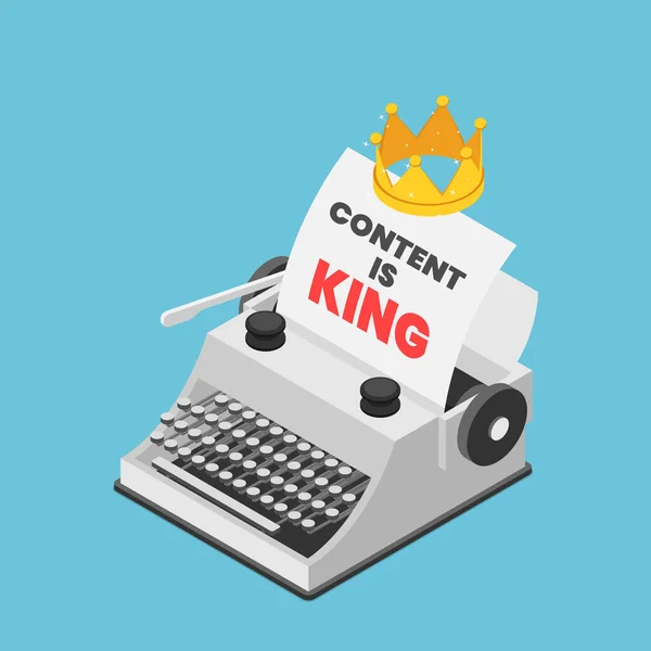 Flat Isometric Typewriter Crown Words Content King Paper Sheet Content — Stock Vector