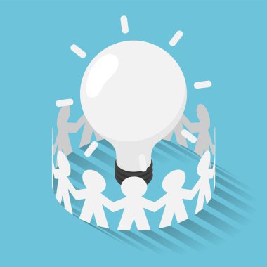 Düz 3D Fikirli Kâğıt İnsanlar Ampul Fikrini Çevreledi. İş Fikri ve Birlik Konsepti