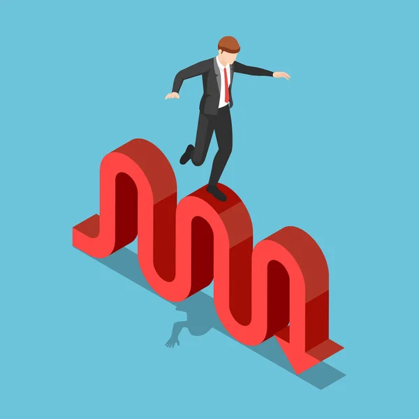 Flat Isometric Businessman Try Walk Balancing Stock Market Fluctuation Arrow — 스톡 벡터