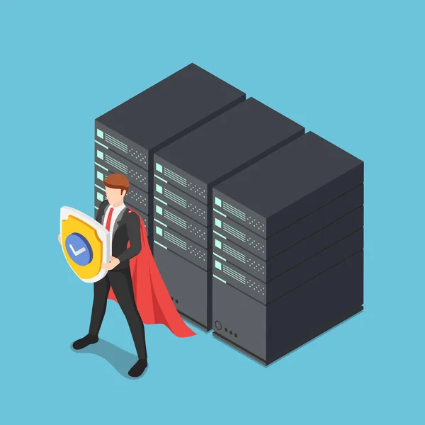 Flat Isometric Super Businessman Holding Shield Protecting Data Center Server — Stockvektor