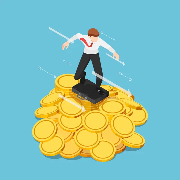 Flat Isometric Businessman Using Business Bag Surfboard Surfing Gold Coin — Stock Vector