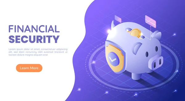 Isometric Web Banner Piggy Bank Full Money Shield Blue Gradient — Stock Vector