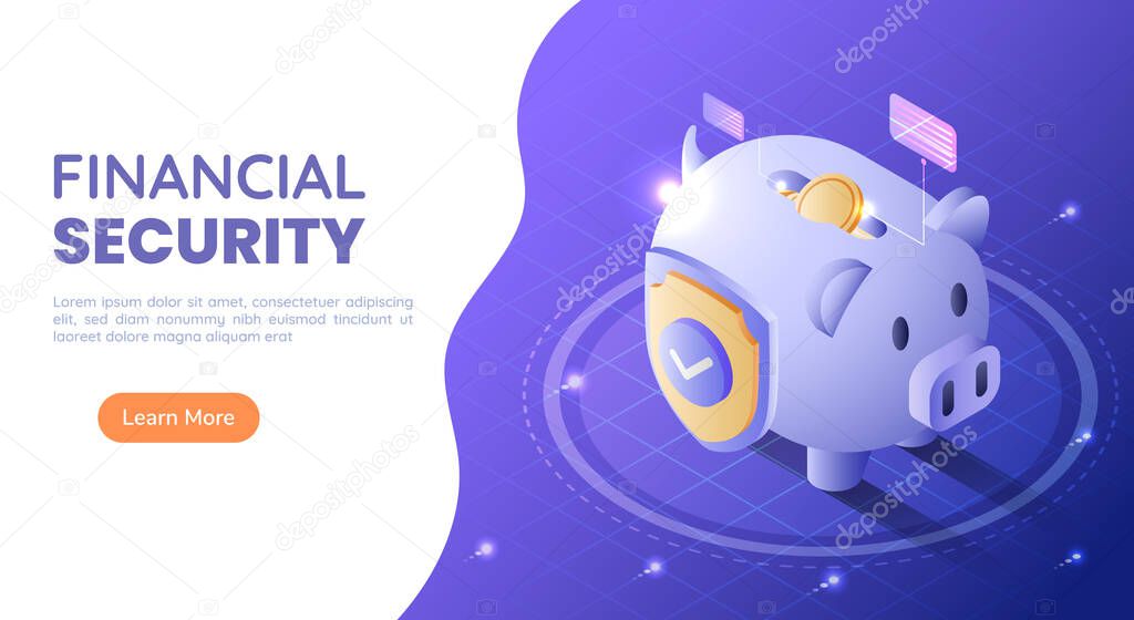 3d Isometric Web Banner Piggy Bank Full of Money with A Shield on Blue Gradient Background. Financial Security and Money Protection Concept.