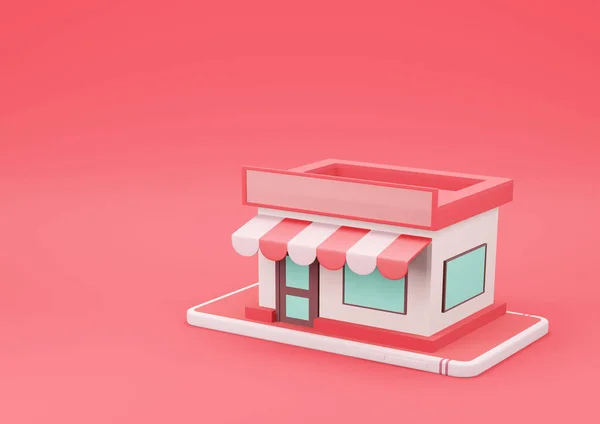 3D在红色背景的智能手机上渲染网上商店 网上购物及电子商务概念 — 图库照片