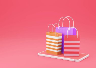 3D Rendering Shopping Bag Kırmızı Arkaplanda Smartphone 'da. Çevrimiçi Alışveriş ve E-Ticaret Konsepti.