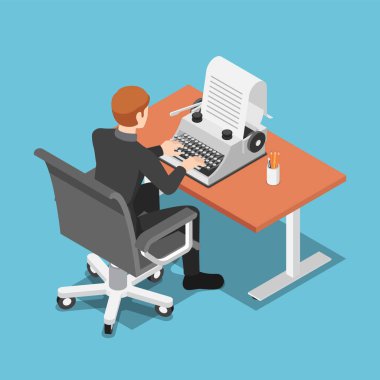 Daktilo kullanan 3D Isometric İşadamı. Hayalet Yazar ve İçerik Pazarlama Konsepti.