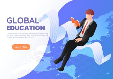 3D Isometric Web Banner İşadamı Oturan Dünya Haritası Üzerine Kitap Okuyor. Uluslararası ve Küresel İş Eğitimi Konsepti.