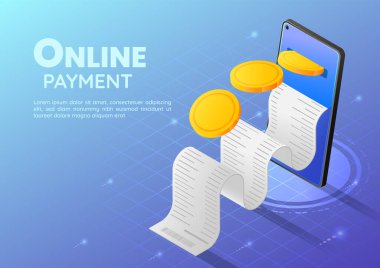 3D Isometric Web Banner Gold Coin Smartphone 'a makbuzla gidiyor. Çevrimiçi Ödeme ve Mobil Bankacılık Konsepti.