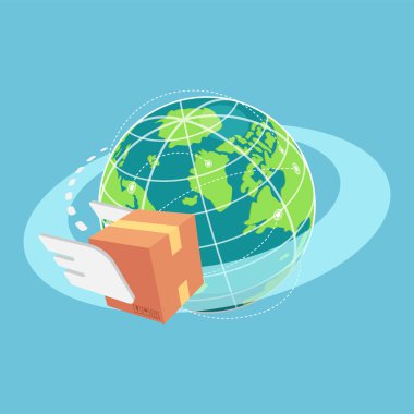 Dünyanın etrafında uçan 3D Isometric Karton Kutu. Küresel Sevkiyat ve Lojistik Kavramı.