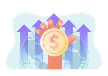 Dünya ve Yükselen Grafik Arkaplanlı El Tutma Parası. Küresel İş ve Finans Konsepti.