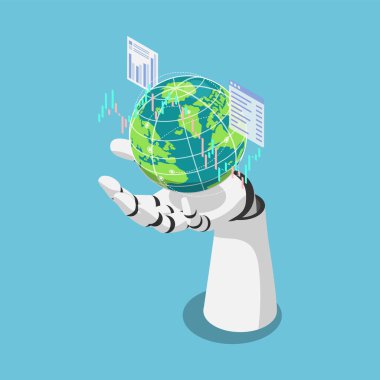 Düz 3d Isometric Yapay Zeka Analizi Dünya Piyasa Verileri. Al Machine Öğrenme Konsepti.