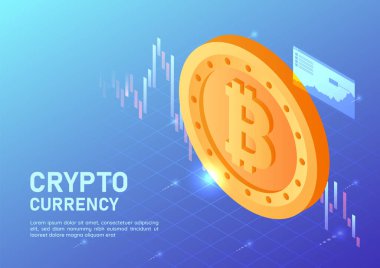Sanal Borsa Grafiği ile 3d Isometric Web Banner Golden Bitcoin. Kripto para birimi kavramı.