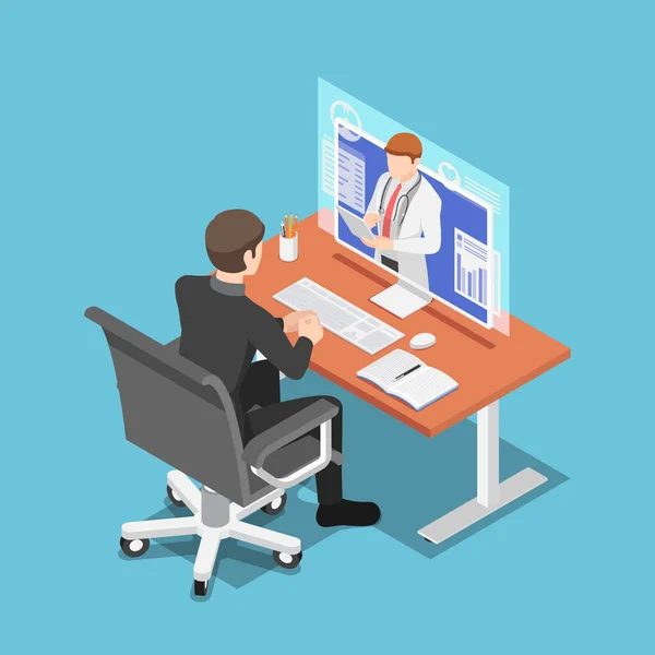 在Pc监视器上与博士举行平面3D等距商务人士视频会议 网上医疗咨询和远程医疗概念 — 图库矢量图片