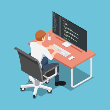 PC Bilgisayar 'da Düz 3d Isometric Yazılım Geliştirici veya Programcı Kodlaması. Programlama ve Web Tasarımı kavramı.
