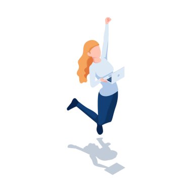 Flat 3d Isometric Woman Jumping Celebration While Holding Laptop. Business Success and Job Done Concept.