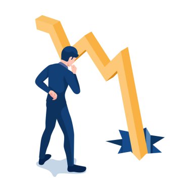 Flat 3d Isometric Businessman Looking at Graph Falling Down Through The Floor. Business Crisis and Analysis Concept.