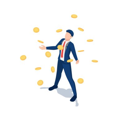 Flat 3d Isometric Busienssman Under The Rain of Golden Money Coin. Cash Flow and Business Success Concept.
